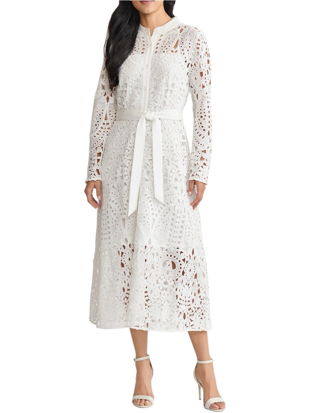 Ming Wang Size XL White Lace Midi Dress Belted Lined NWT Elegant Occasion